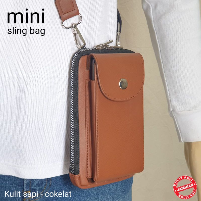 Tas selempang mini unisex kulit asli cokelat 06