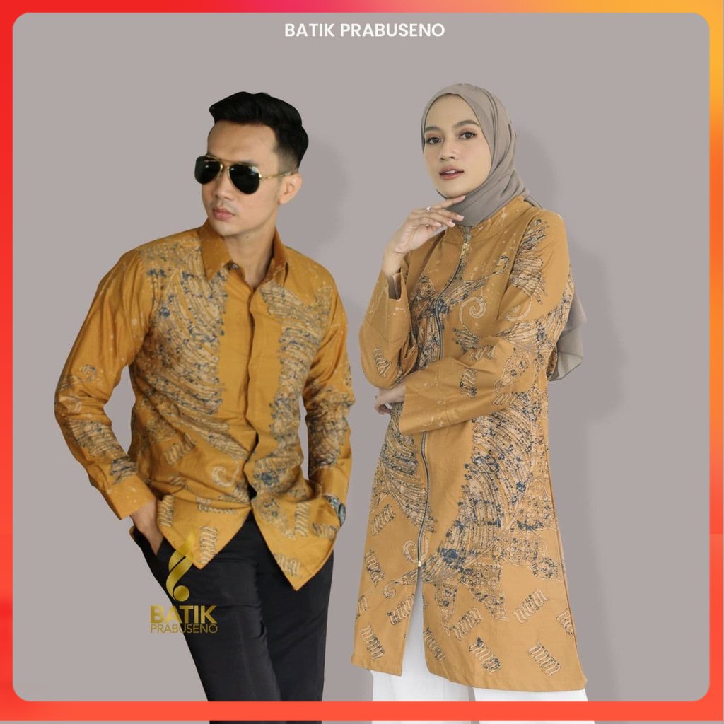 Batik UDARATI KUNING Couple Hem Baju Kemeja Batik Pria Wanita Lengan Panjang Slim Fit Original Prabu