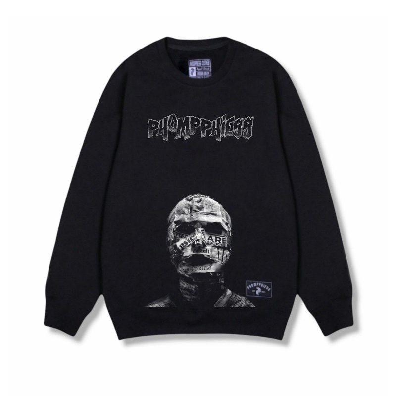 PHOMPPHIESS Sweater Crewneck Hitam Sablon Metal Crewneck Metal Pria Wanita