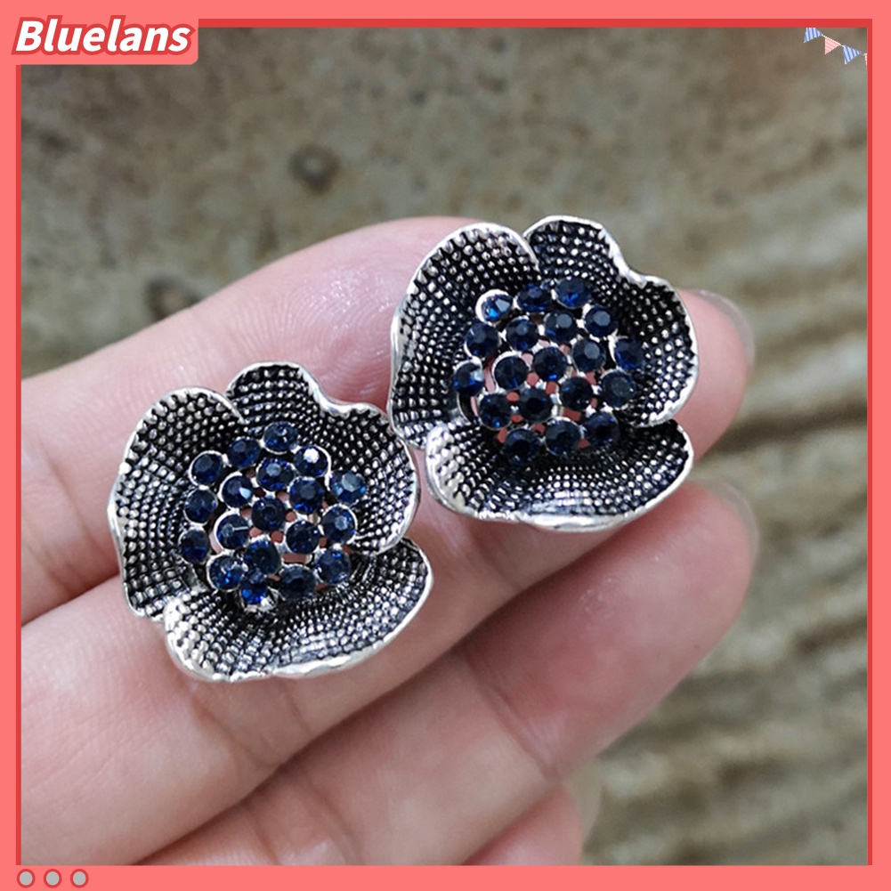 Bluelans Vintage Women Rhinestone Inlaid Rose Flower Shape Stud Earrings Jewelry Gift