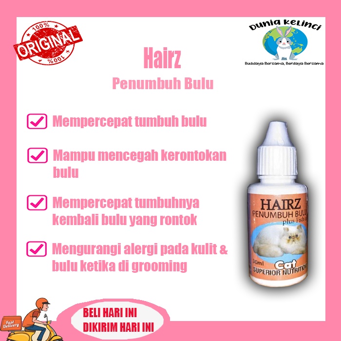 Hairz Cat 30 ml penumbuh bulu kucing melebatkan dengan fish oil