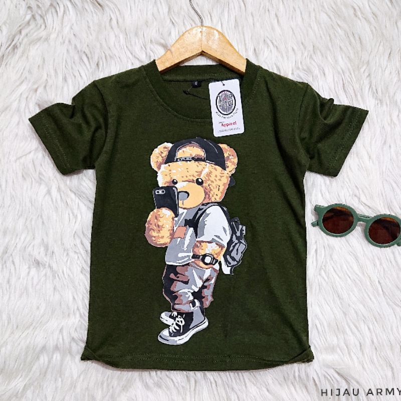 Atasan Baju Kaos Teddy Bear Selfy Hijau Army Anak Laki Laki Perempuan 1 Sampai 10 Tahun Cotton 30s