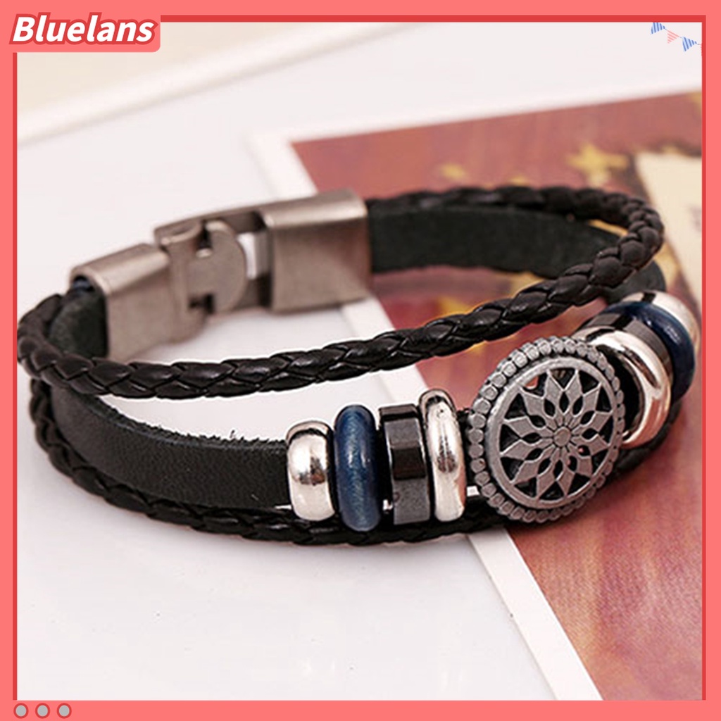 Gelang Multilayer Bahan Kulit Imitasi Motif Bunga Untuk Unisex