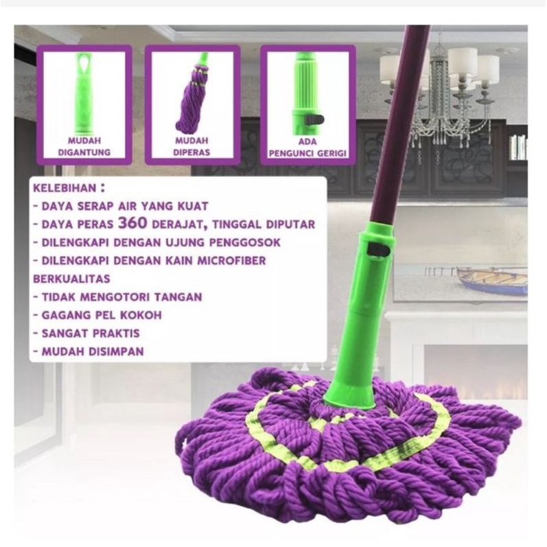 Alat pel lantai tongkat lipat flat mop twist mop simple berkualitas