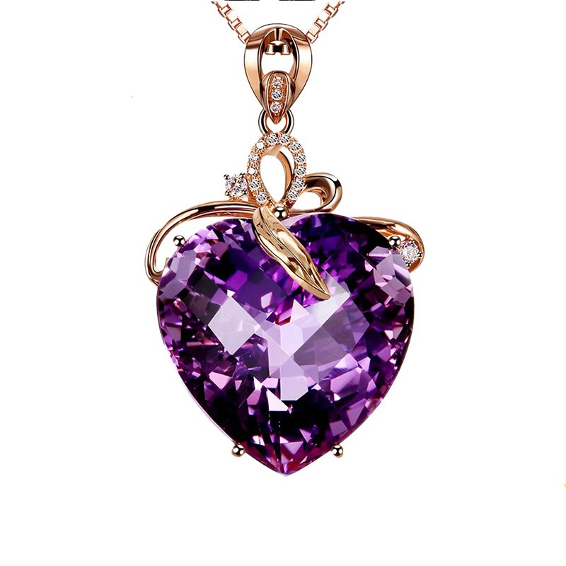 Goldkingdom Perhiasan Fashion 24K Bangkok Aksesoris Ready Stock Berbentuk Hati Amethyst Liontin Emas Asli Kadar 375 18K Berwarna Batu Permata Amethyst Kalung Untuk Wanita