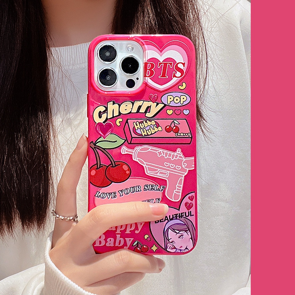 Case Pelindung Bahan Silikon Motif Graffiti Cherry Pink Untuk Iphone 14 7 8 SE2020 7 + 8PLUS XS XR 11 12 13 PRO MAX