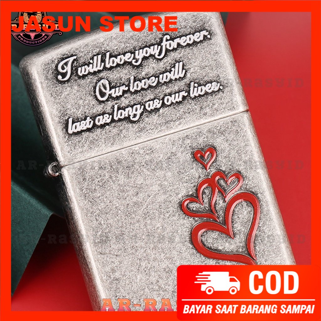 Bisa COD! Korek Api Minyak Zippo Silver Motif Red Heart Eternal Love