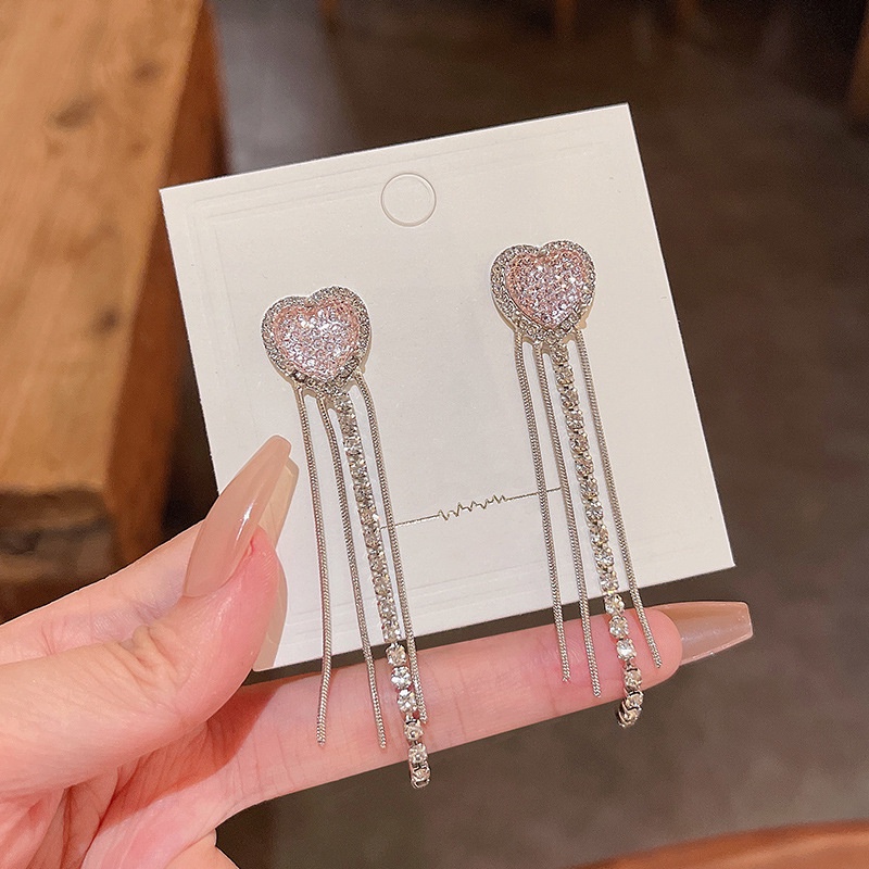 Anting Stud 925 silver needle Model Rumbai Panjang Bentuk Hati Warna Pink Untuk Wanita