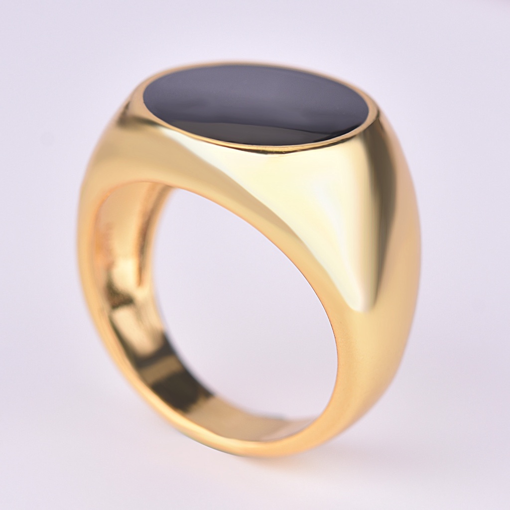 Goldkingdom Perhiasan Fashion Emas Asli Kadar 375 Bangkok Aksesoris Ready Stock Lapis Emas 18K Batu Akik Hitam Cincin Bulat Tetes Cincin Karet Untuk Pria Dan Wanita