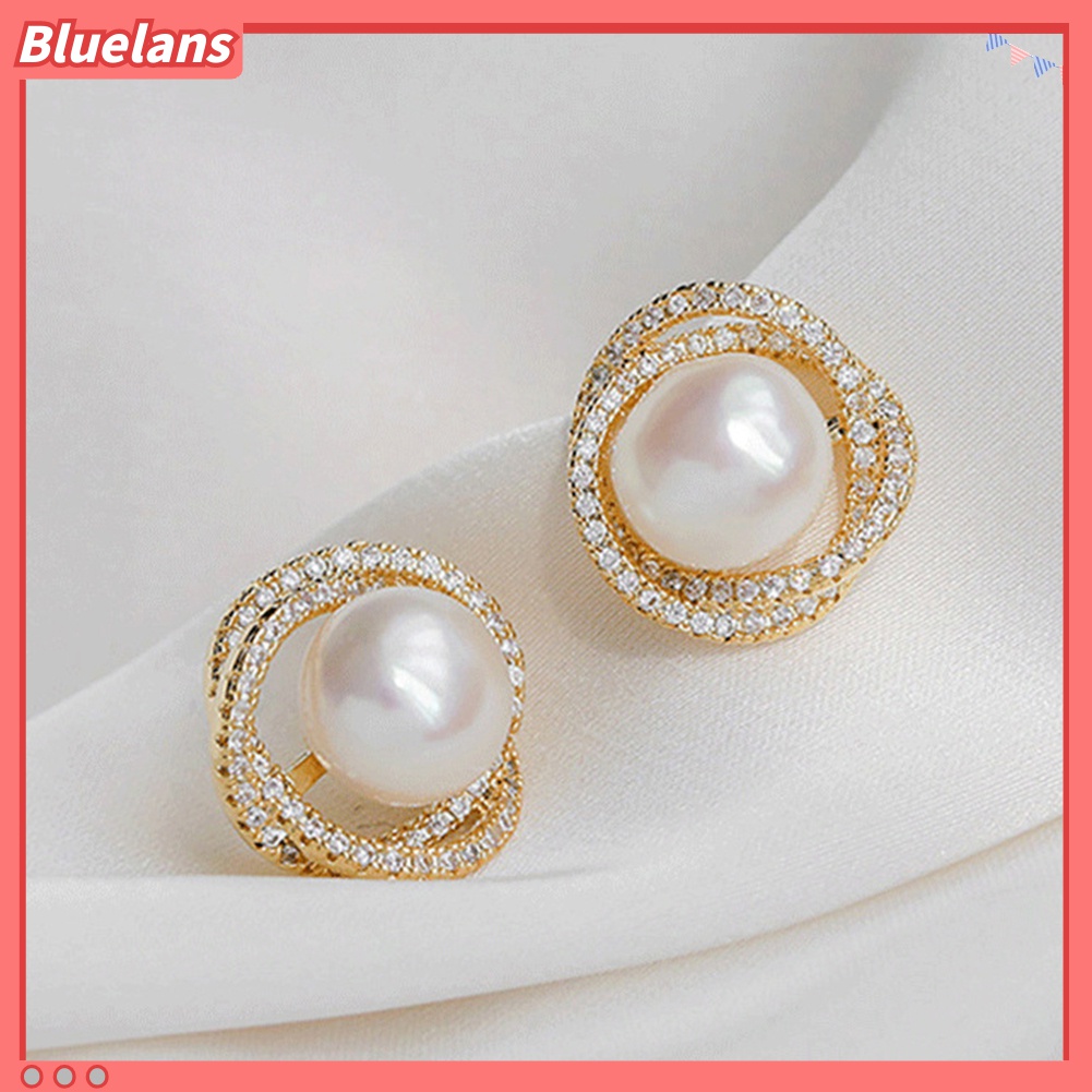 Anting Stud Silver Plated Bentuk Bulat Aksen Mutiara Tiruan Untuk Wanita