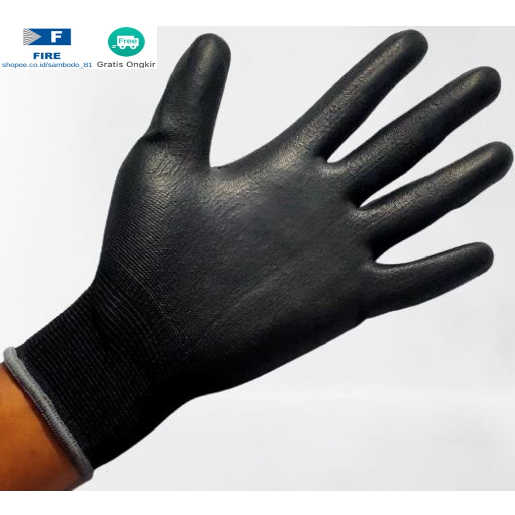 Sarung Tangan Anti Slip Hitam Black Hand Gloves Mekanik Montir Berkebun Tukang Telapak Tangan dilapisi karet Bahan Nylon Polyester Elektronik Assembly Static Multi Purpose Polyurethane Kerja Palmfit Safety Gloves Security