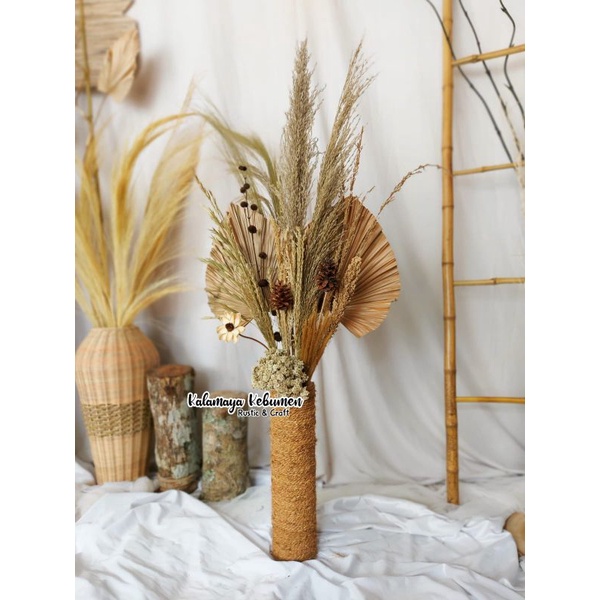 Paket Pampas Bulu Hiasan Wedding Rustic Daun Kering Dried Flower Dekorasi Rumah Palem
