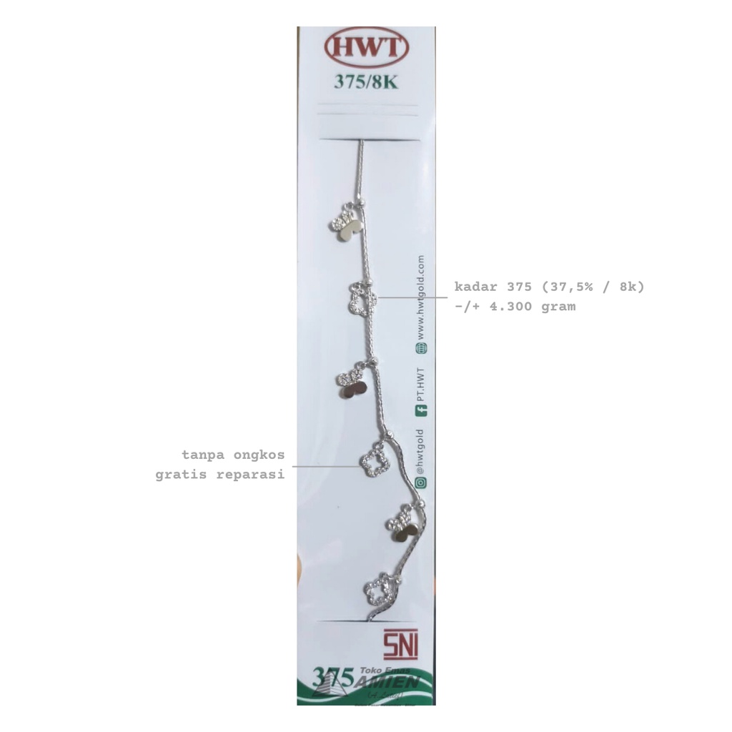 Toko Emas Amien Gelang Emas Putih Asli HWT Kadar 375 (37,5% / 8K) 4.300 Gram - Bracelet Bunga Kupu P