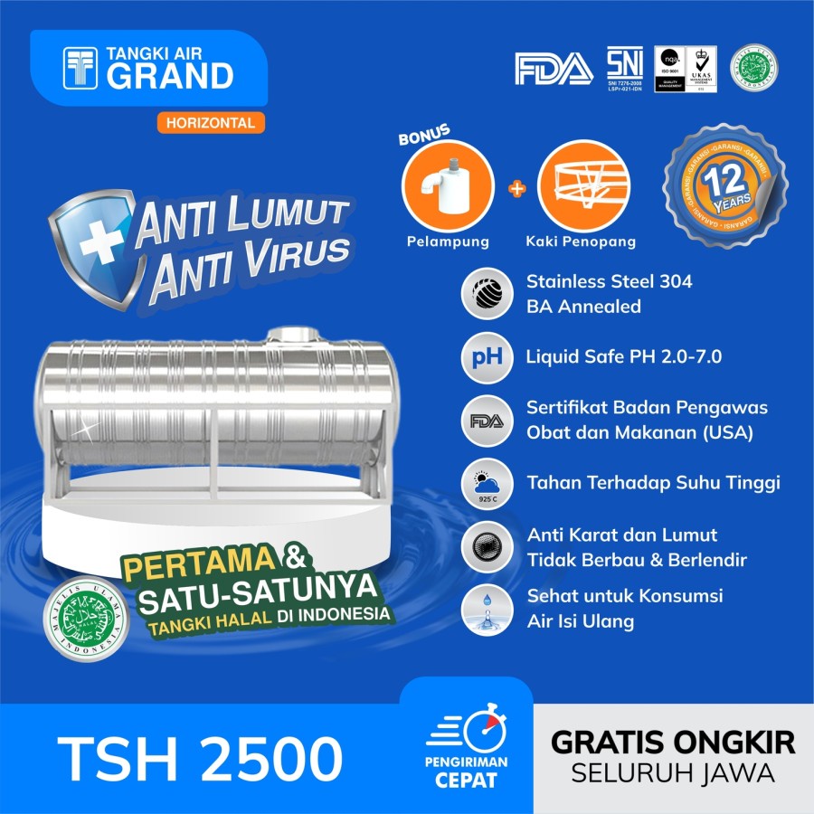 Tangki Air Tandon Stainless Horizontal Grand Type TSH 2500 Anti Lumut Tangki Air 2000 L NEW PRODUCT