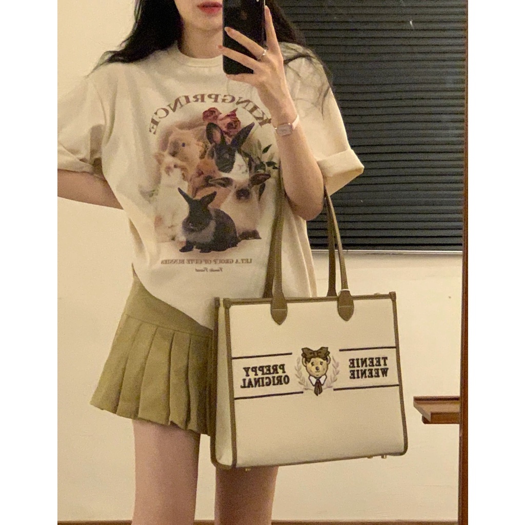 [100%  Katun]Cat Kaos Lengan Pendek Cream Atasan Wanita Oversize Printed T-shirt Kekinian Korean Style