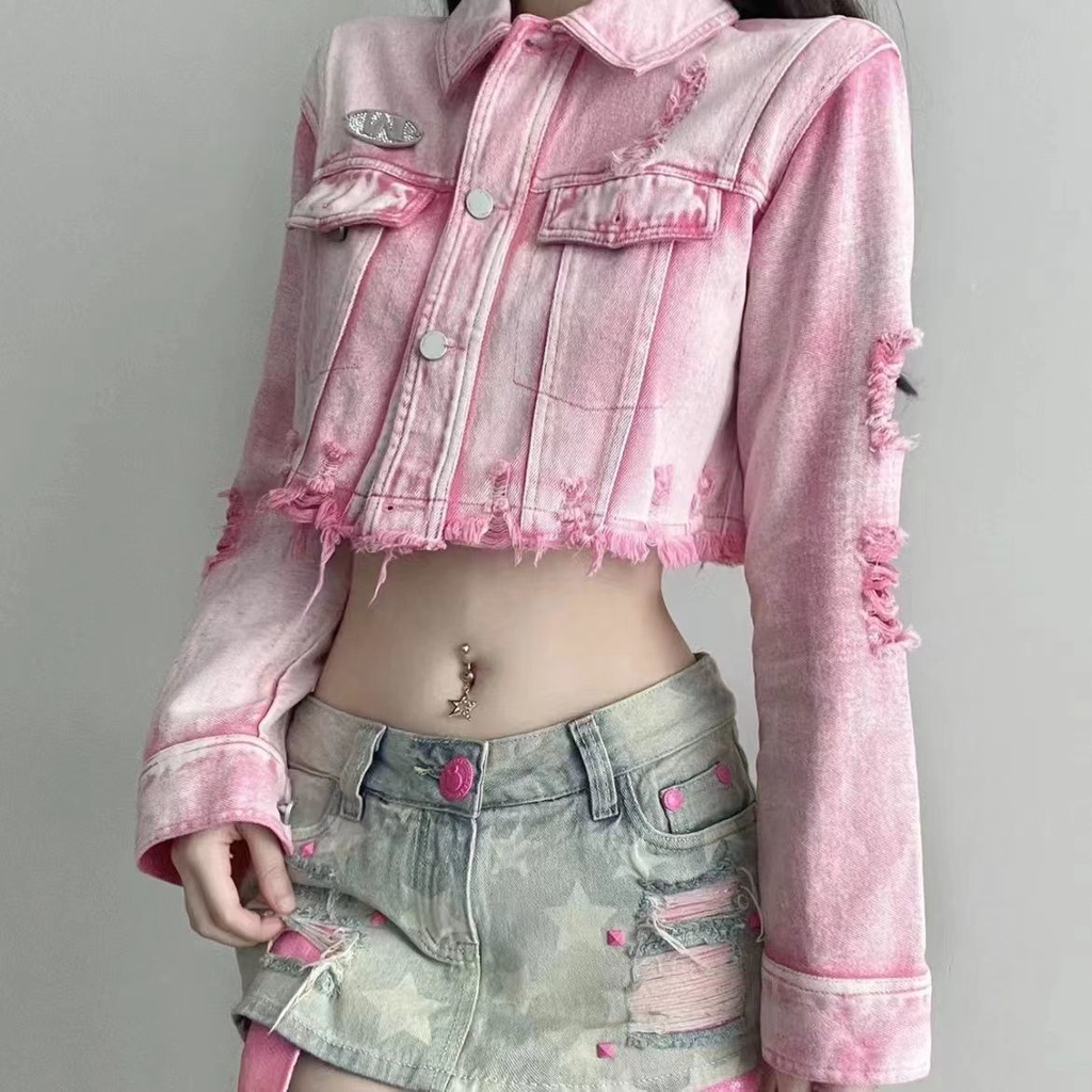 Nico##Jaket pendek/jaket jeans denim/jaket denim crop/vintage jacket/jaket pink wanita