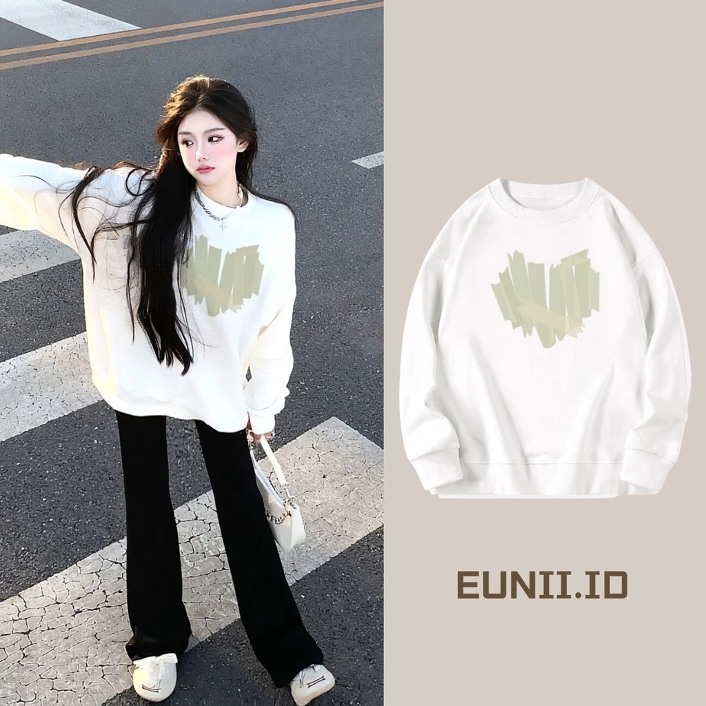 EUNII Sweater Lengan Panjang Graffiti Love Korean Style/Hoodie Oversize/Baju Wanita/Switer Wanita