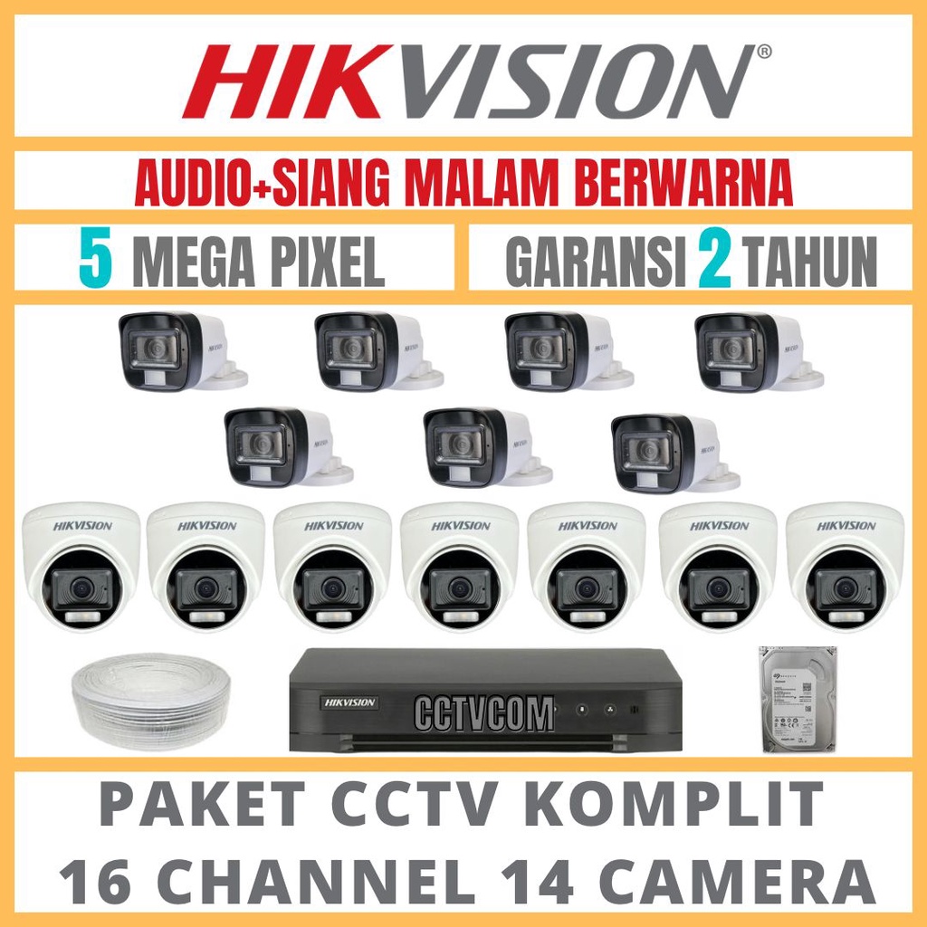 PAKET CCTV HIKVISION COLORVU 5MP 16 CHANNEL 14 CAMERA COLORFULL