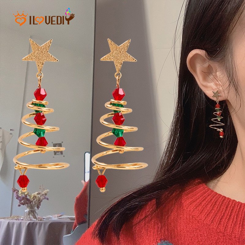 1 Pasang Anting Stud Hias Liontin Pohon Natal Kristal Berlian Gaya Vintage Korea Untuk Wanita