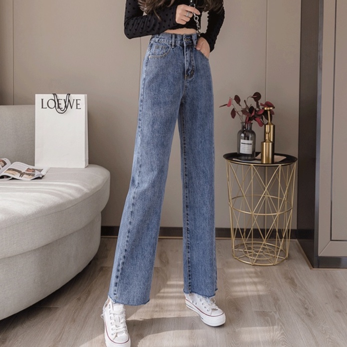 Korea Highwaist Lurus Kasual Jeans Wanita Fashionable -- 9/10 Celana