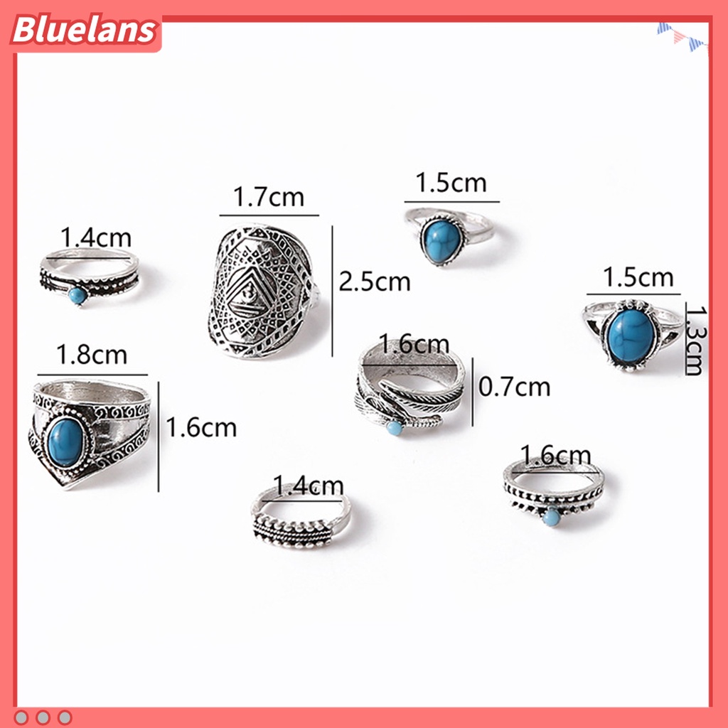 Bluelans 8Pcs Cincin Knuckle Desain Daun Hias Turquoise Imitasi Gaya Bohemian Untuk Pria / Wanita