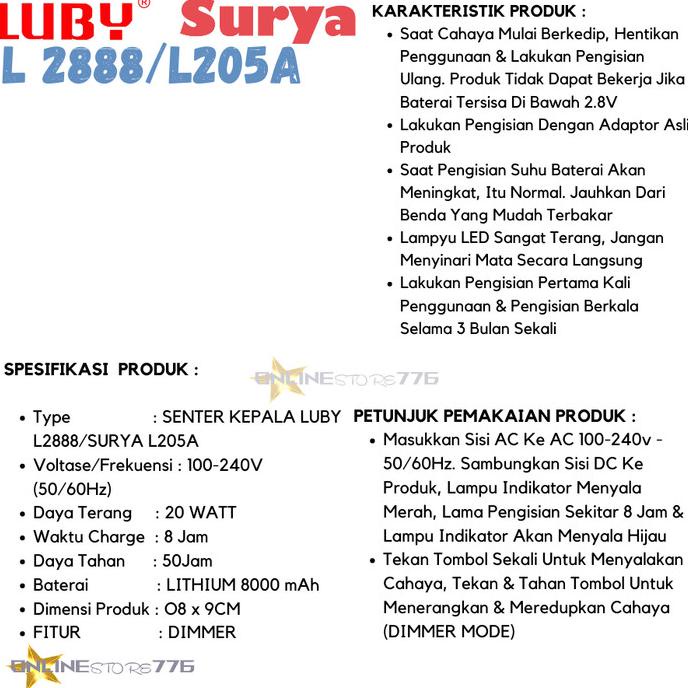 Senter Kepala LUBY 2888 / L2888 / L-2888 - Rechargeable