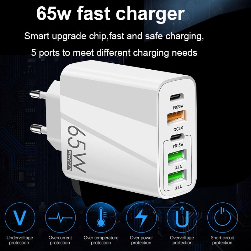 Adapter Charger 5 Port USB 3.0 65W PD Untuk Iphone 14 13 Pro Max Android Adoptor