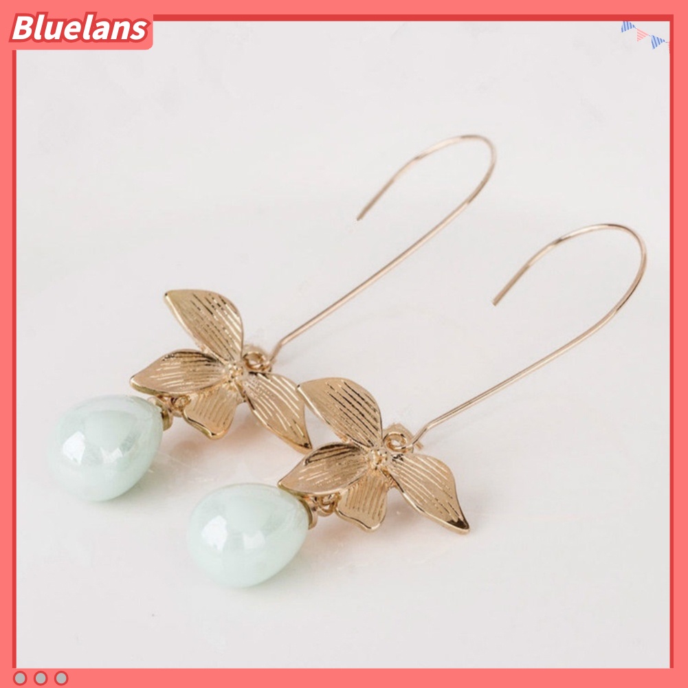 Bluelans Anting Kait Gantung Wanita Bahan Alloy Desain Daun Hias Mutiara Imitasi Untuk Hadiah