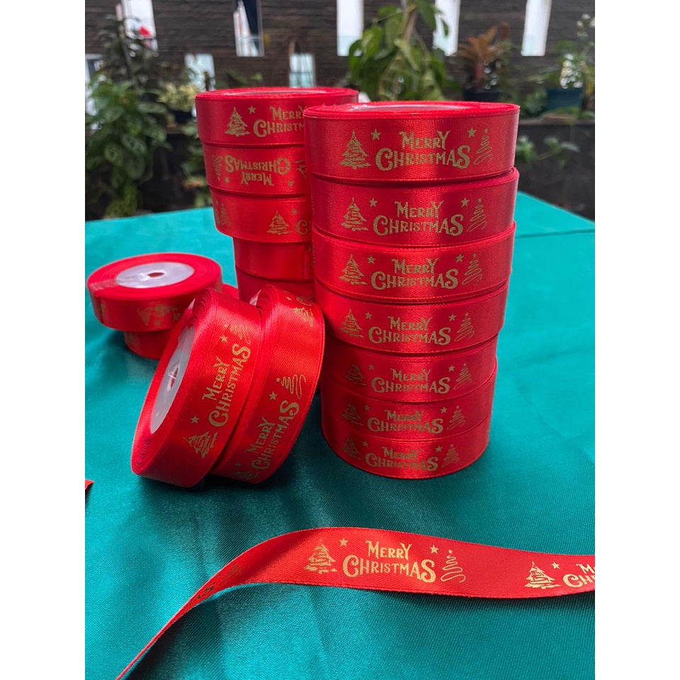 PITA SATIN 2CM SABLON NATAL / CHRISTMAS WARNA MERAH GOLD