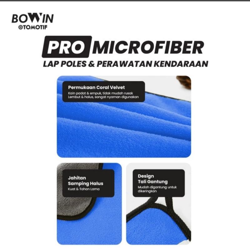 Bowin Pro Microfiber 800GSM (Lap Polish &amp; Detailing Exterior &amp; Interior) Lap Mobil dan Motor