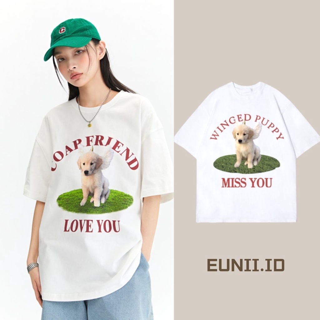 EUNII T-shirt Lengan Pendek Lovely Dogs Korean Style/Kaos Atasan Wanita/Baju Kaus Oversize Wanita