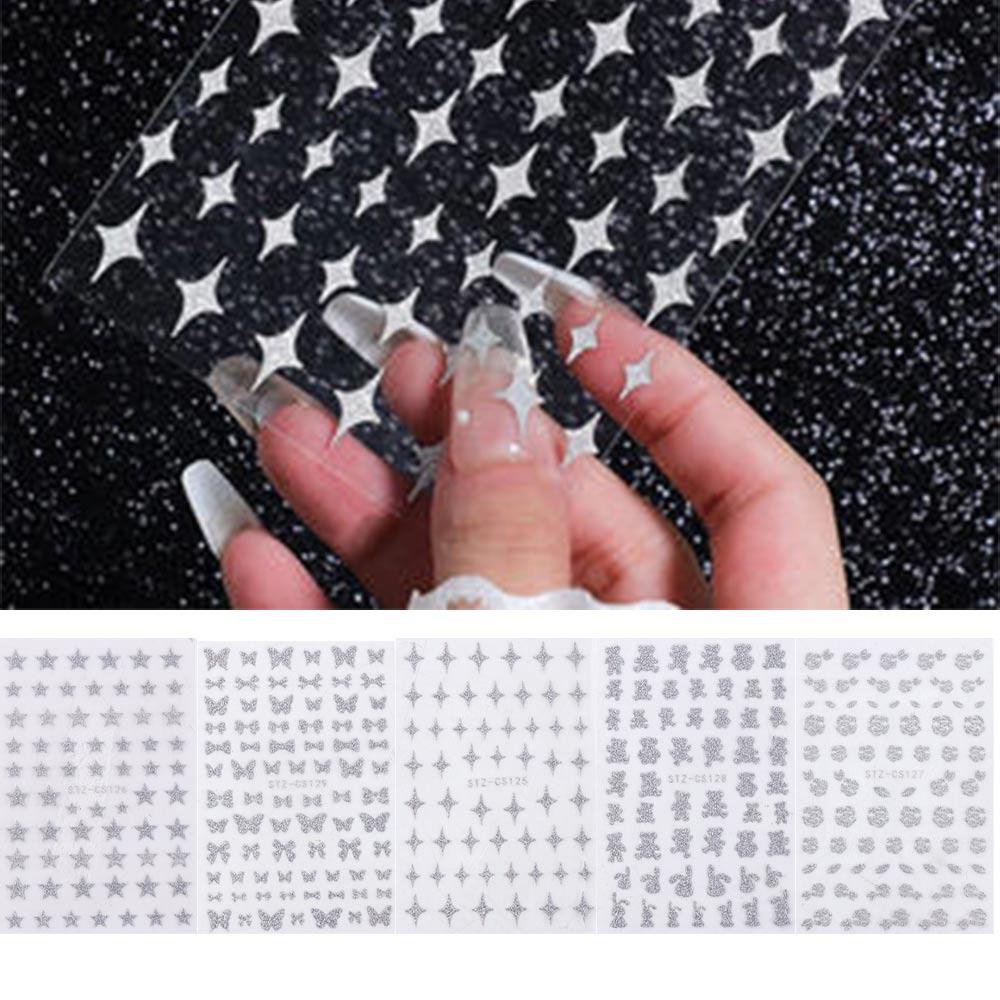 Mxbeauty Glitter Kuku Stiker Perak Bintang Laser Kartun Hewan Perekat Diri Mawar DIY Manicure Aksesoris Gadis Nail Art Dekorasi