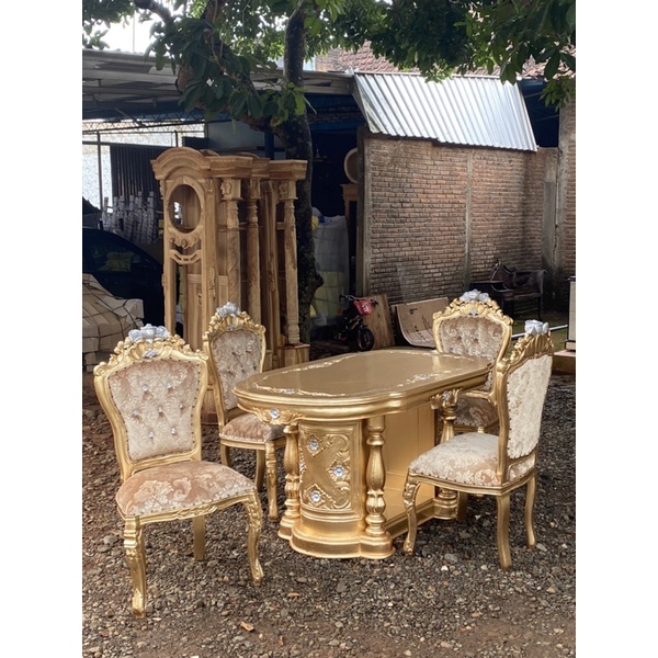 meja makan mewah kursi 4, meja makan ukir jati, meja makan gendong kursi jambu