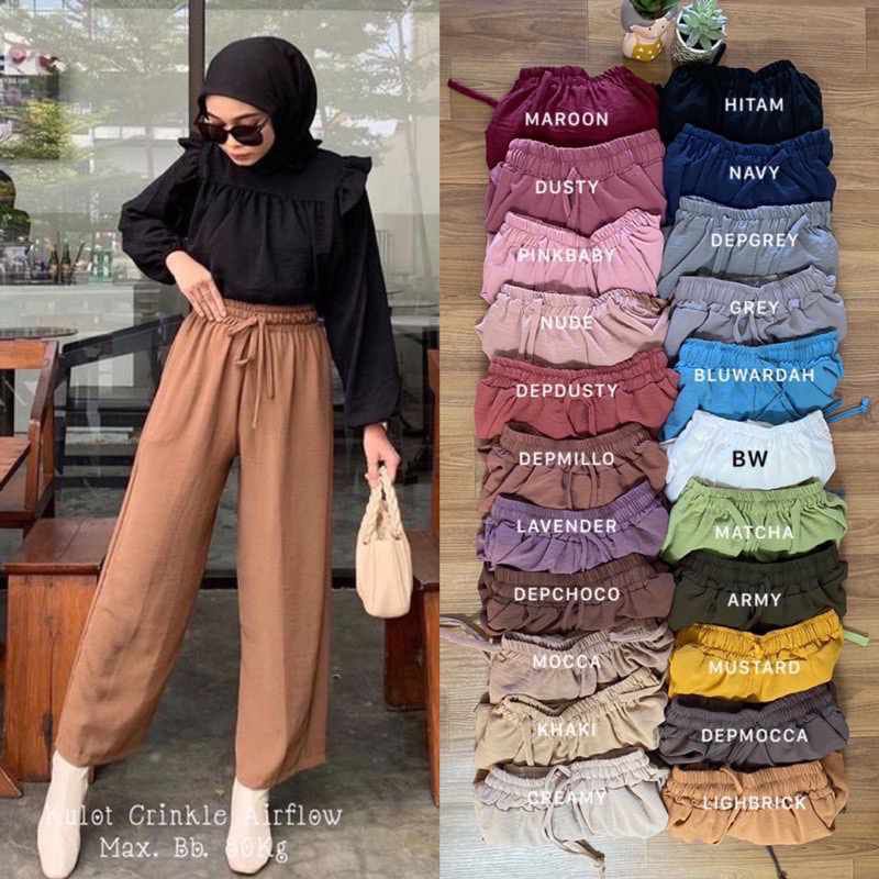Celana Kulot Crincle Crinkle Kancing Serut Susun Airflow Rayon Panjang Wanita Premium Highwaist Loos