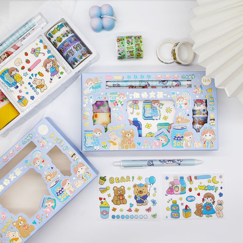 PAOPAO Stiker Bear Princess Import 1 Set Box + Pulpen Gel &amp; Cutter Stiker Cute Gliter Washi