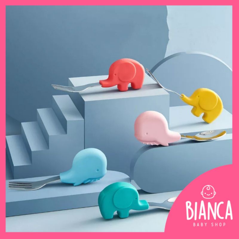 BIANCA - Sendok Garpu Stainless Silikon Anak Motif Gajah Whale