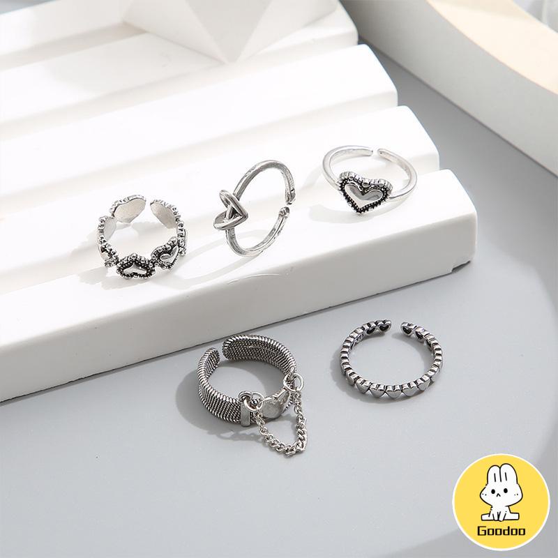 5pcs / Set Cincin Jari Telunjuk Model Terbuka Desain Hati Hollow Gaya Retro -Doo