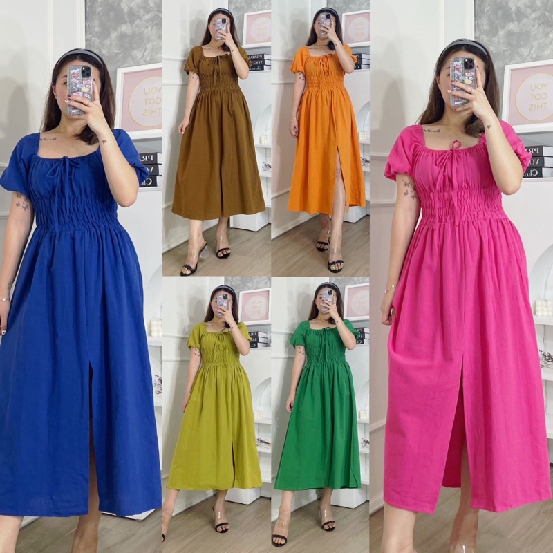 (DC) #82184 (REAL PIC) (BISA COD) - Isabelle Puffy Smocked Midi Dress / DRESS LINEN ALA KOREA / MIDI