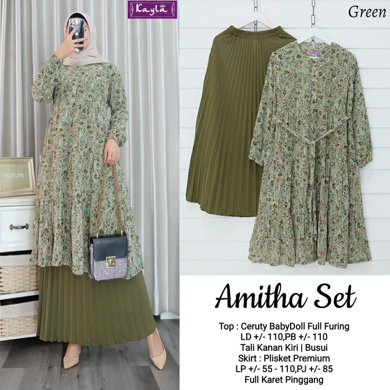 AMITHA SET BY KAYLA / ONESET WANITA MUSLIMAH / Setelan rok ibu-ibu tunik