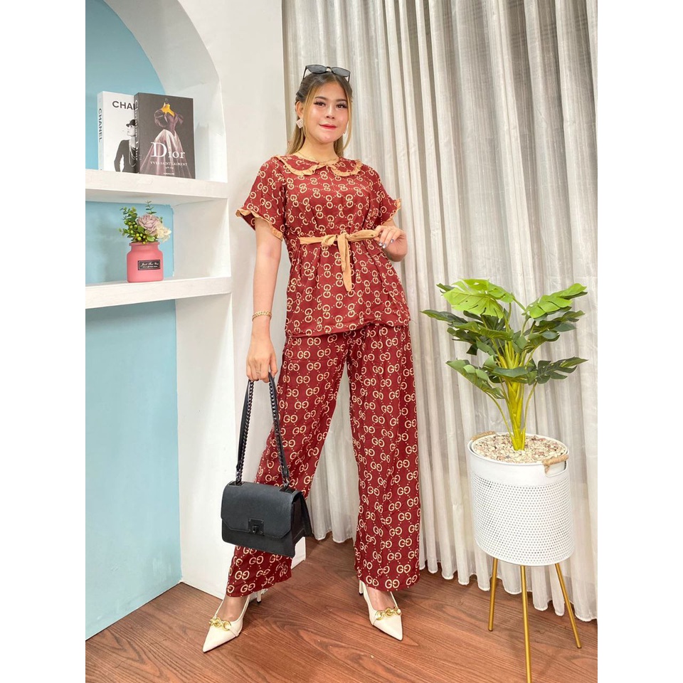 Audy One Set Wanita Rayon Premium Setelan Wanita Lengan Pendek Set Baju Celana Kekinian LD 110 cm