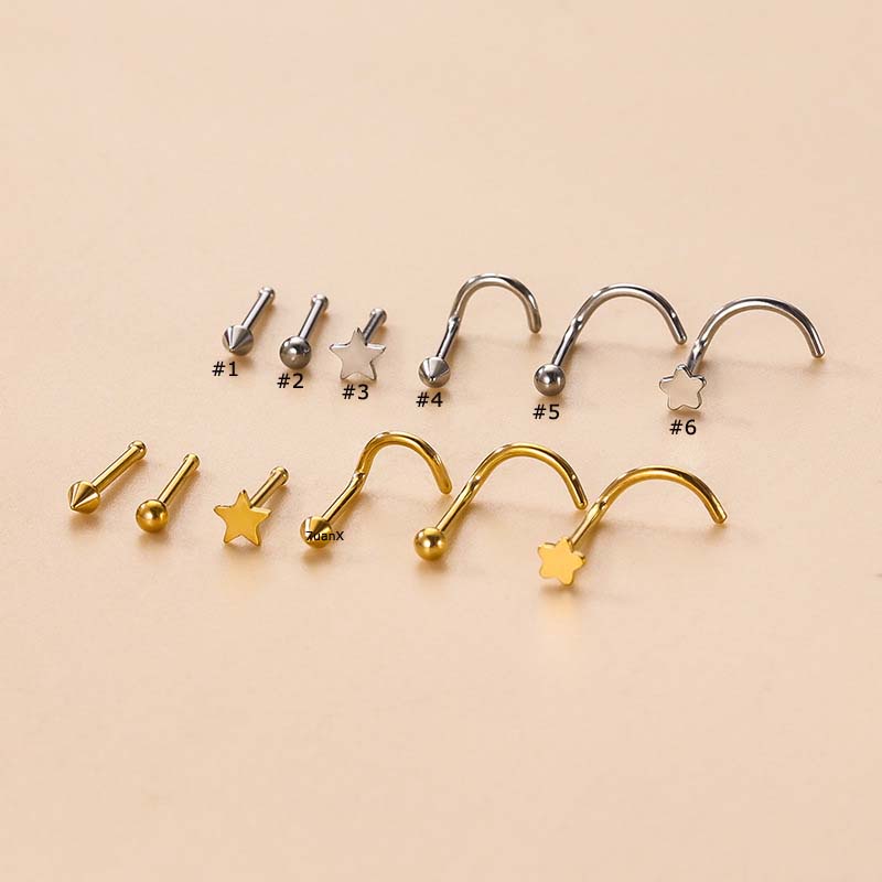 1pc Anting Tindik Hidung Mini Bentuk Kerucut / Bulat / Bintang Bahan Stainless Steel Hypoallergenic