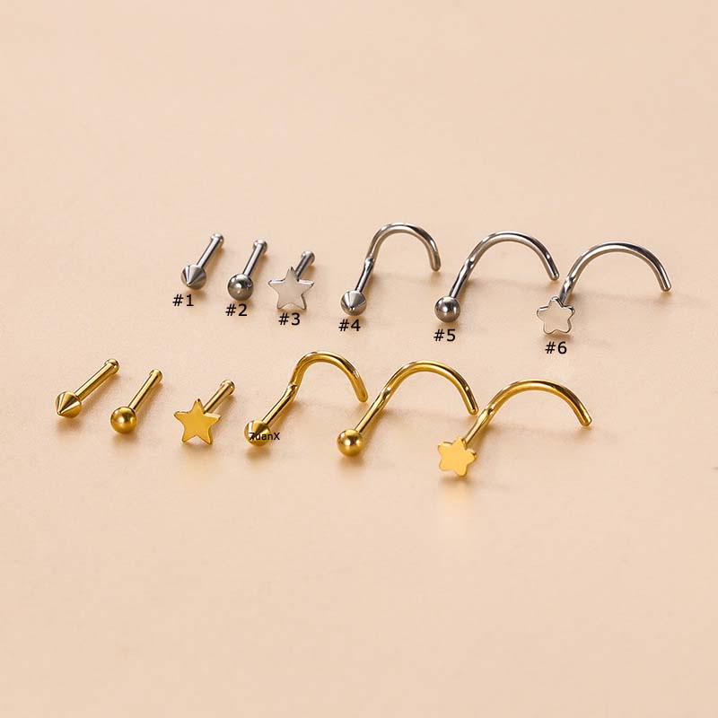 1pc Anting Tindik Hidung Mini Bentuk Kerucut / Bulat / Bintang Bahan Stainless Steel Hypoallergenic