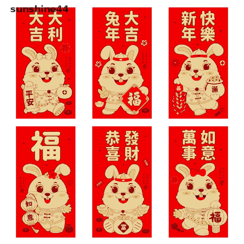 Sunshine 6Pcs Amplop Angpao Tahun Baru Cina / Imlek Gambar Kartun Kelinci Warna Merah 2023