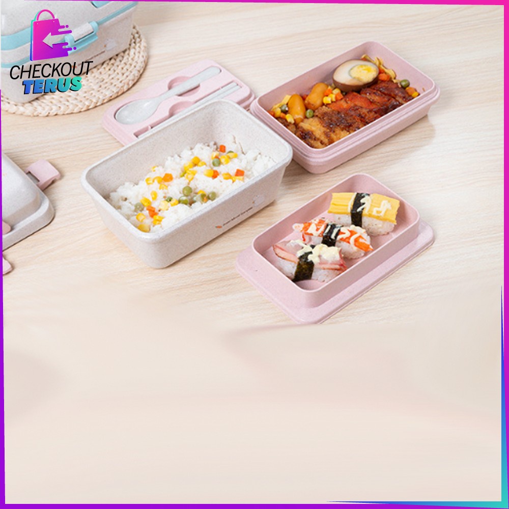 CT C693 Kotak Bekal Microwavable Bento Set Portable Anti Tumpah Lunch Box Set Free Sendok Sumpit Bahan PP Jerami Gandum BPA FREE