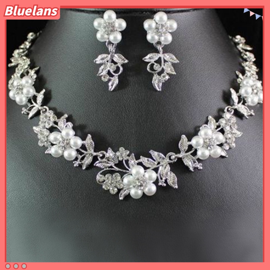 Bluelans 1 Set Necklace Eardrop Fashion Shiny Charming Faux Pearl Silver Plated Necklace Earrings for Women