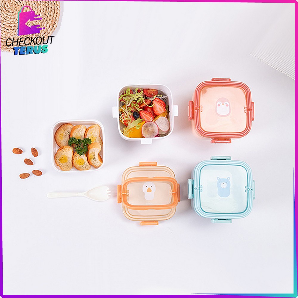 CT C691 Kotak Bekal Portable Tempat Makan Dengan Pegangan BPA FREE Motif Karakter Anti Tumpah Dengan Sendok Plastic Lunch Box Set