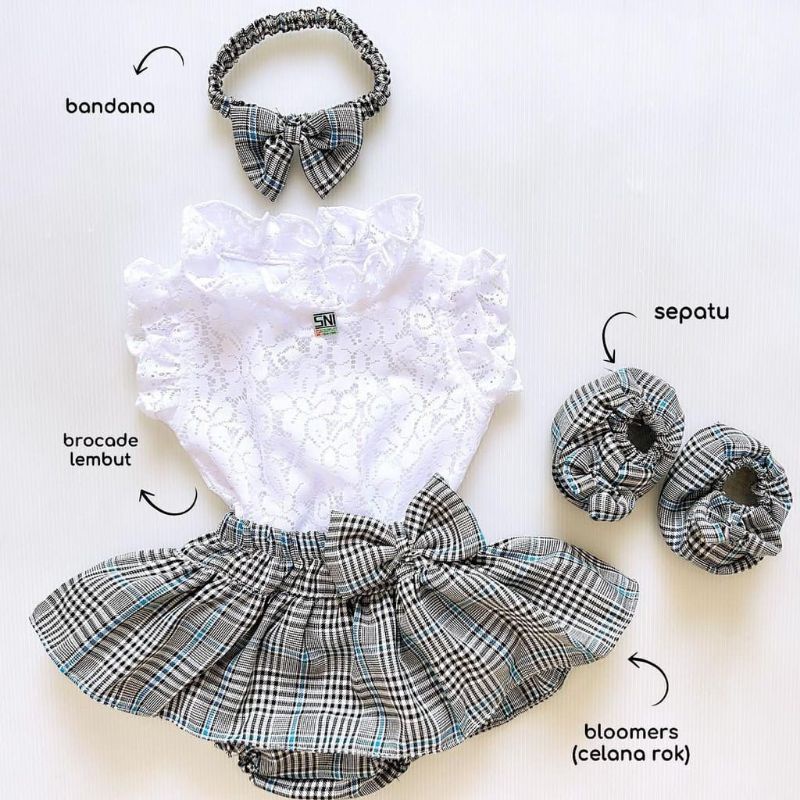 [GET 4in1] Set jumper bayi perempuan 0-12 bulan set kemeja brukat bloomers free bando sepatu BRIELLE SET