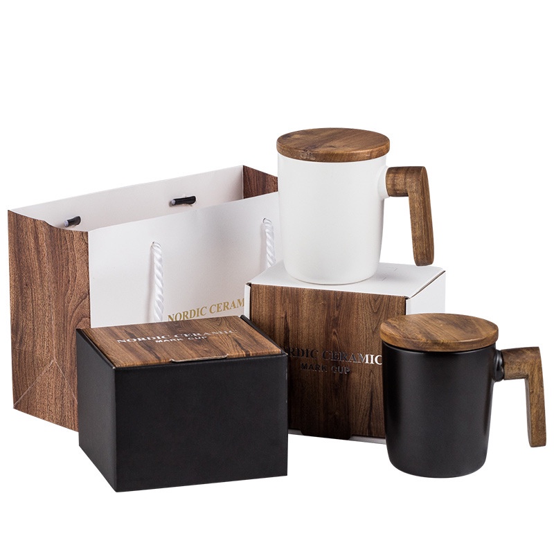 Paket Bundling of 2 Pcs Black dan White - Mug Wooden Lid with Handle