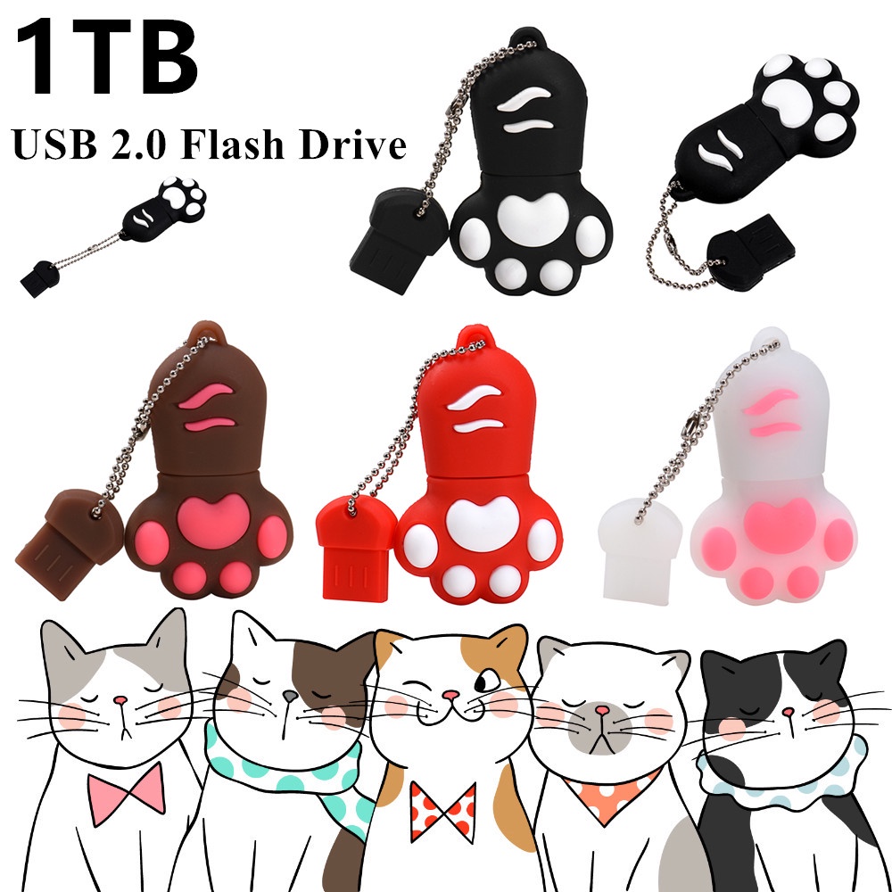 Flash Disk USB 2.0 1TB Bentuk Telapak Kaki Kucing Lucu Dengan Gantungan Kunci