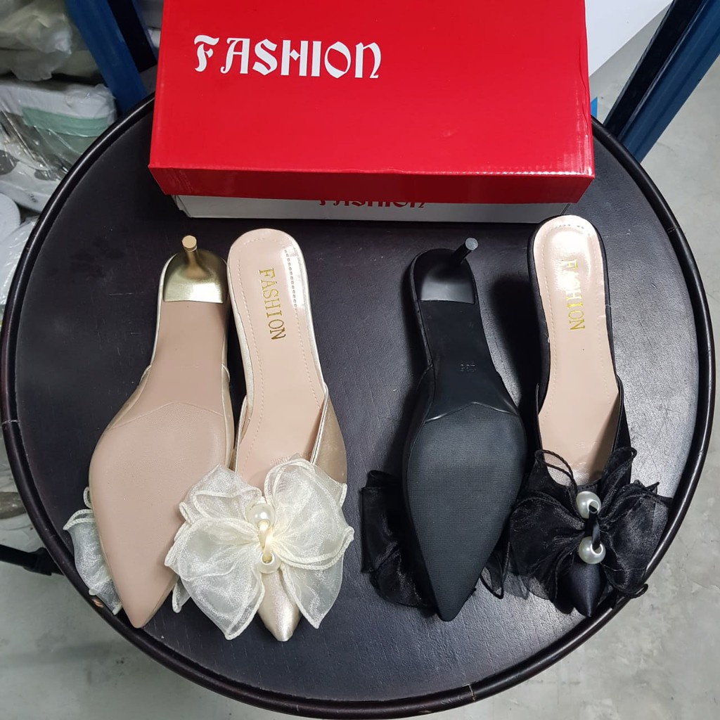 [✅BISA COD] 6719 RIBOON MESH HEELS CLOSES TOE MULE (REAL PICTURE)